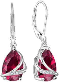 Women's Ruby Dangle Earrings with Sterling Silver Lever-back and Cubic Zirconia Teardrop Design