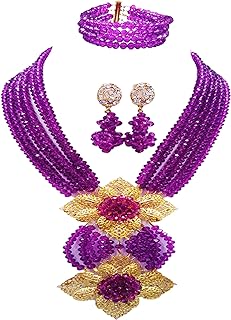 Purple Glass Crystal Nigerian Beads Wedding Necklace and Jewelry Set for Women with Toggle Clasp and African-Inspired Design