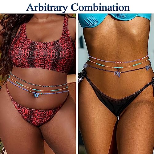 ELABEST 24-39inch African Waist Beads for Women 8Pcs Elastic Belly Beads Colorful Beaded Waist Jewelry Accessories Body Chain