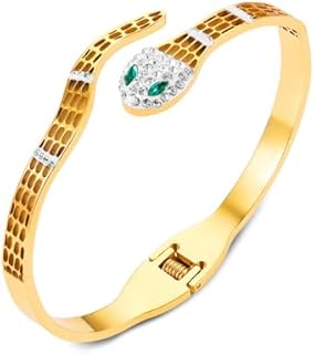 Lobster Claw Clasp Rhinestone Snake Cuff Bracelet - Snake Chain, Cubic Zirconia Gem Accent, Rose Gold Stainless Steel - Ideal for Women, Mothers, Daughters, Wives, Sisters - Elegant Wrap Design