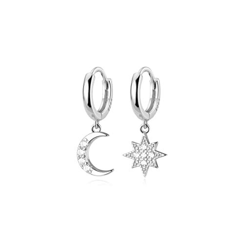Reffeer Solid 925 Sterling Silver Star Moon Hoop Huggie Earrings Drops for Women Girls Crystal Moon Star Dangle Earrings