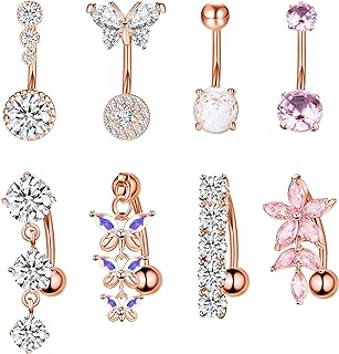 Dochais 8PCS Belly Button Ring Surgical Stainless Steel Belly Button Rings for Women Dangle Belly Button Rings Butterfly CZ Belly Barbell Piercing Jewelry Navel Rings Pack