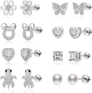 8-Pair Sterling Silver Stud Earrings Set with Push Back Cubic Zirconia Heart/Bow Design for Girls, Teens, Women by TOPBRIGHT
