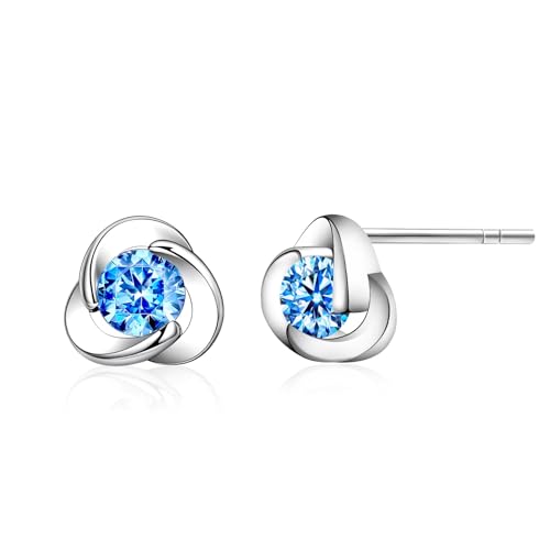 Silver Post Stud Earrings,Small Sterling 925 Hypoallergenic for Sensitive Ears, Blue Cubic Zirconia Stone, Clover/Butterfly White Gold Plated/Cat/Flower,Ideal Gift for Women and Girl,Kids