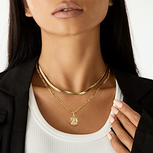 KissYan Gold Layered Initial Necklaces for Women,14K Gold Plated Layering Round Letter Pendant Figaro Snake Chain Necklace Capital Monogram Alhpabets from A-Z Dainty Jewelry Gifts for Teen Girls