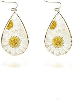 Daisy Pressed Flower Earrings Handmade Resin Daisy Real Dried Flower Floral Teardrop Dangle Earring White Flower Earrings Spring Earrings Jewelry for Women Girls