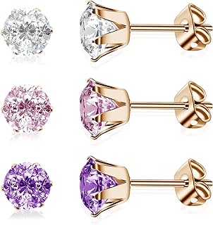 3 Pairs/Set Titanium Cubic Zirconia Stud Earrings Brilliant Cut Simulated Diamond CZ Earrings Hypoallergenic Ear Studs for Sensitive Ears