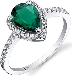 14K White Gold Peora Created Emerald Teardrop Halo Ring with Genuine White Topaz, Pear-Shaped 1.25 Carats, Available Sizes 5 to 9