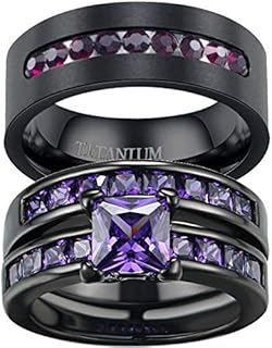 Raven-inspired Cubic Zirconia Engagement Rings with Titanium Band for Men & Black Gold Filled Band for Women, Featuring Princess-cut Stone Design