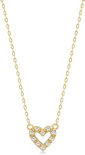 Diamond Heart Necklace | 14k Yellow Gold Open Heart Necklaces for Women | 14k Solid Gold Mini Heart Pendant Necklace | Dainty Pave Diamond Jewelry | Gifts for Birthday, 18"