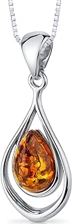 PEORA Genuine Baltic Amber Pendant Necklace and Earrings in Sterling Silver, Floating Teardrop Pear Shape, Rich Cognac Color
