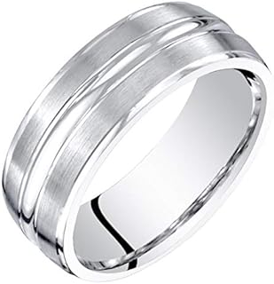 PEORA Men's 7mm 14K White Gold Wedding Ring Band, Brushed Matte with Polished Grooves, Comfort Fit Sizes 8 to 16