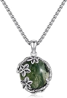 Flower Necklace for Women with Walnut Jewelry Box 14 * 14MM Round Moss Agate/Ammolite/Teal Turquoise/Spiny Turquoise 925 Sterling Silver Pendant Necklace Mother's Day Vintage Jewelry Gift