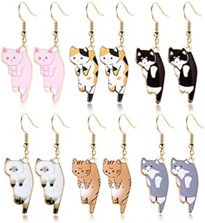 Whimsical Cat Dangle Earrings with French Wire Back Finding, Playful Cartoon Design, Set of 6, Zinc Material - Perfect Gift for Cat Lovers
