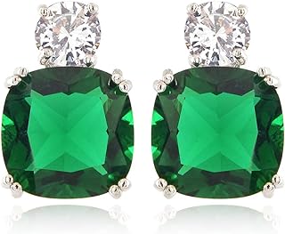 [RIZILIA CLASSIC] Stud Pierced Earrings with Cushion Cut Gemstones CZ [Multi-Colors available] in 18K White Gold Plated, Simple Modern Elegant