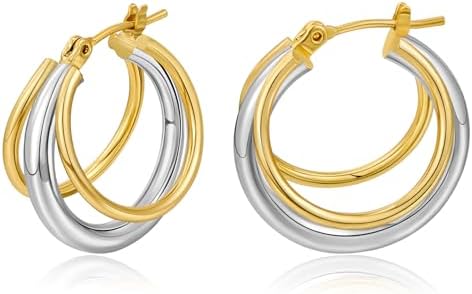 Stylish Two-Tone Hoop Earrings - High Quality Brass Material - Delicate Three Circle Design for Women - LILIE&WHITE's Lightweight Earrings in Gold and Silver