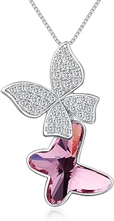 Swarovski Crystal Butterfly & Rose Necklace, Platinum-plated 925 Sterling Silver with Cubic Zirconia, Adjustable Cable Chain for Women - Elegant Design