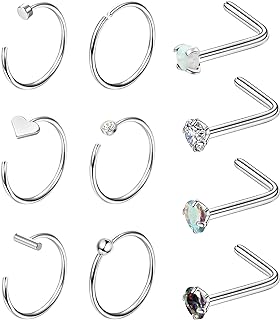 Staligue 10 Pcs G23 Titanium Nose Ring Hypoallergenic Hoop Nose Rings for Women 20G Nose Rings Studs Opal Heart CZ L Shaped Nose Piercing Jewelry Set
