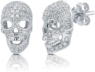 Women's BERRICLE Skull Stud Earrings - Sterling Silver with Cubic Zirconia Gems, Skull & Bones Design, Secure Push-Back