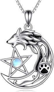 Unisex 925 Sterling Silver Wolf Pendant Necklace with Moonstone & Cable Chain - Wolf Amulet Jewelry Gift