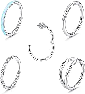 5-Piece Hinged Cubic Zirconia Nose Rings with Surgical Steel Clicker - Versatile Unisex Design for Nose, Lip, Cartilage, Rook & Daith Body Piercings