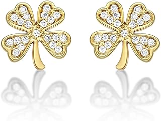 Diamond Treats Lucky 4 Leaf Clover Earrings in 925 Sterling Silver with White Cubic Zirconia Stones, Cute Four Leaf Clover Stud Earrings for Women and Girls, Dainty Silver Jewelry for Women