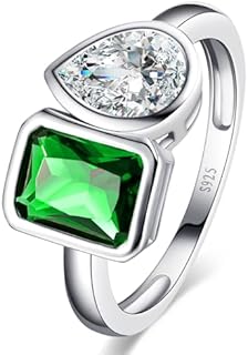 Emerald & Cubic Zirconia Toi Et Moi Engagement Ring in 925 Sterling Silver, Double Stone Design, 6x8mm Gems, 1.9mm Band - Sized 5-9