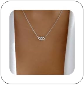 Silver Cable Chain Crystal Evil Eye Necklace with Rhinestone Pendant for Women - Vintage Boho Design