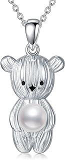 925 Sterling Silver Women's Teddy Bear Pendant Necklace with Natural Freshwater Pearl
