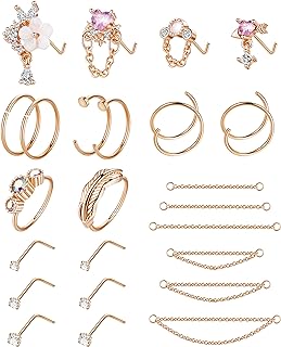 24Pc Sparkling Cubic Zirconia Stainless Steel Nose Ring Chain Set - 20G Gauge Nose Piercing Jewelry - Ideal for Birthday, Graduation, Valentine's Gifts