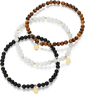 MORGAN & PAIGE Genuine Gemstone with 18k Yellow Gold Plated Bronze Beaded Stretch Bracelets (Set of 3)