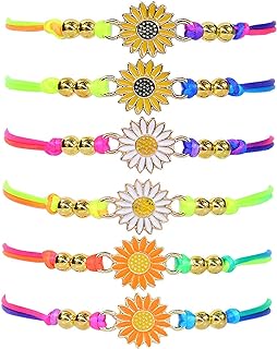6Pcs Summer Sunflower Strand Bracelets Set Bohemia Daisy Beads Tie Dye Colorful Rope Strand Anklets Adjustable Beach Trip Waterproof Women Girls Gift