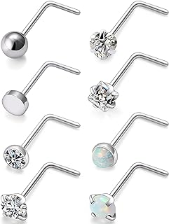 Cisyozi 22G 20G 18G Titanium Nose Rings Hypoallergenic L Shaped Nose Rings Studs for Women Men CZ Opal Heart Square Nose Rings Piercings Jewelry for Sensitive Skin