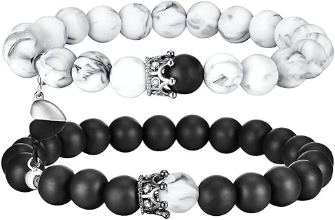 King & Queen Crown Matching Couple Bracelets with Silicone Beads, Stainless Steel Bead Chain, Heart-Shaped Anniversary or Valentine's Day Gift for Him and Her