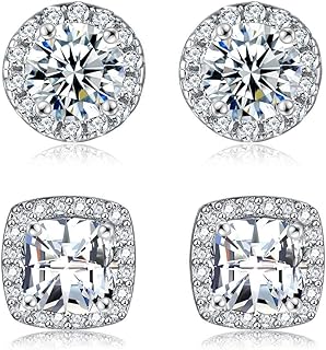 18K White Gold Plated Round Square Cubic Zirconia Simulated Diamond Halo Stud Earrings 2 pairs Set