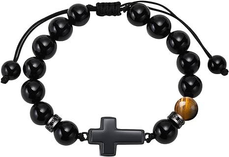 Mens Cross Beaded Christian Rosary Bracelets,10MM Tiger Eye Black Agate Onyx Obsidian Bracelet, Faith Religious Easter Catholic Christian Communion Baptism Natural Stone Jewelry Gift for Men Women