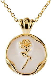 Round Rose Flower Pendant Necklace for Women Girls 925 Sterling Silver 18K Gold Plated Shell Pearl Embossed Link Chain Adjustable Birthday Wedding Anniversary Jewelry Gift for Mother Daughter 18 Inch