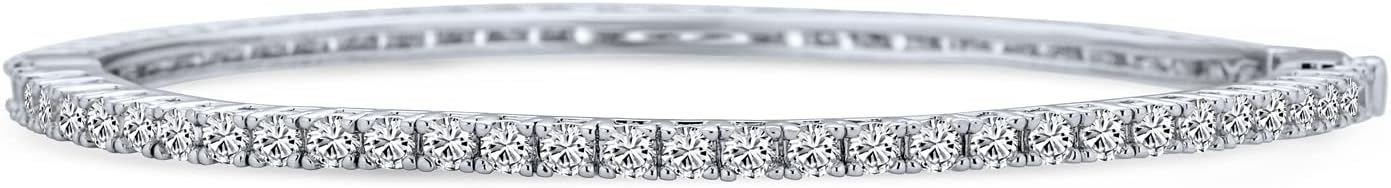 Classic Fashion Bridal Pave AAA Cubic Zirconia Princess Cut CZ Eternity Tennis Stackable Bangle Bracelet For Women, Prom, Wedding Silver Plated 7-7.5 Inch