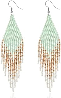 Native Beaded Tassel Earrings Boho - Handmade Seed Bead Statement Fringe Drop Earrings for Women Dangling