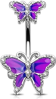 Jewseen 14G Surgical Steel Butterfly Belly Ring with Cubic-Zirconia Accent, Curved Barbell Design for Women and Girls