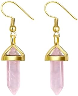 Dainty Rose Quartz Drop Earrings with French Wire Back for Women, Hexagonal Crystal Dangle Design, Gold-Plated Stainless Steel