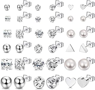 LOYALLOOK 12 Pairs Stainless Steel Earrings Stud Earrings Set for Womens Round Clear CZ Stud