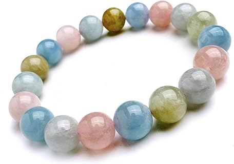 Bead Chain Natural Morganite Gemstone Crystal Bracelet, 10mm Round Bead Design, Colorful & Metal-free, Perfect for Men & Women