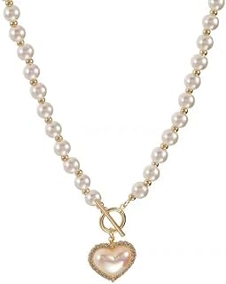 Love Pearl Necklace - Women's Elegant Diamond Adorned Choker with Cable Chain and Heart Pendant Design