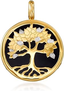 Round Clasp 14kt Yellow Gold Black Onyx Pendant Necklace - Elegant Tree of Life Design for Women - Unique Spanish Origin Jewelry