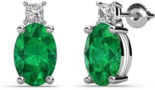 Oval Cut Emerald Princess Cut Natural Diamond 3/4 ctw Two Stone Stud Earrings 14K White Gold