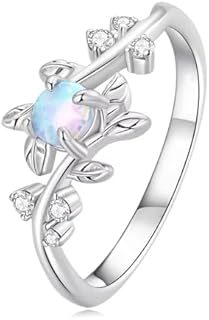 LOVE CORNOR Sterling Silver/10K 14K 18K Round Cut Art Deco Vine Leaf Opal and moissanite Rings for Women Vintage Twig Leaf Branch Promise Anniversary Engagement Ring Jewelry Gifts for Her