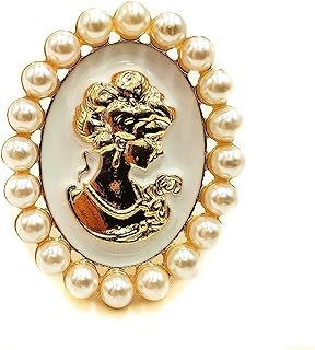 Vintage Charm Black and White Cameo Brooch with Pin Clasp, Crystal Gems, and Faux Pearls for Women in Old European Design