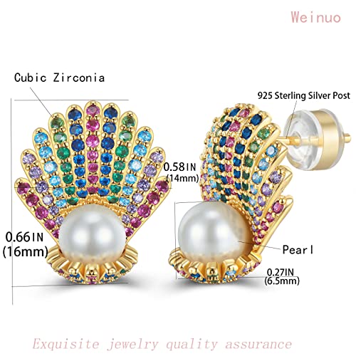 Pearl Stud Earrings For Women 925 Sterling Silver Post Gold Plated Multcolors Cubic Zirconia CZ Simulated Shell White Pearl Jewelry Gifts weinuo