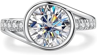 3.27cttw Moissanite Promise Rings Bezel Setting Round Lab Created Diamond Solitaire Engagement Rings in 14K White Gold Plated Sterling Silver Anniversary Rings for Women